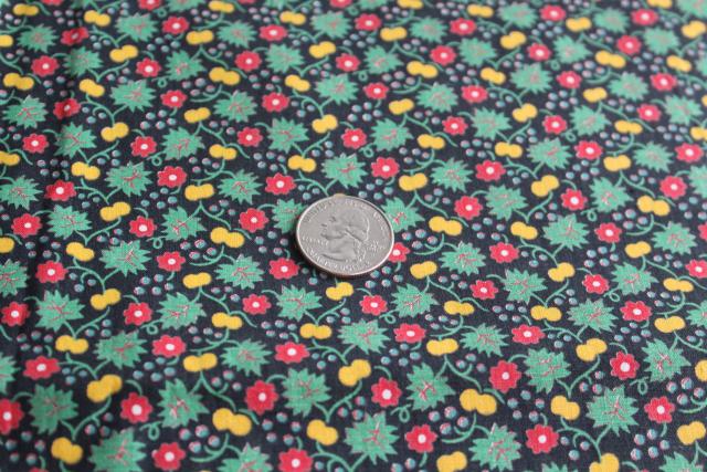 photo of vintage tiny print cotton quilting fabric, yellow cherries & red flowers on black #1