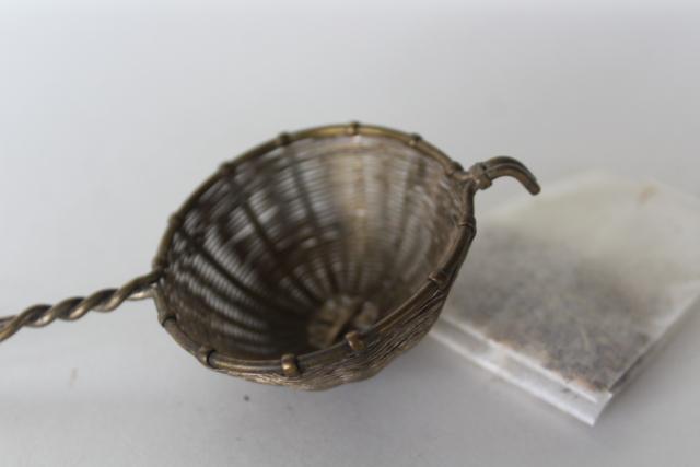 photo of vintage tiny wire tea or coffee strainer, handmade silvered brass wirework sieve #2