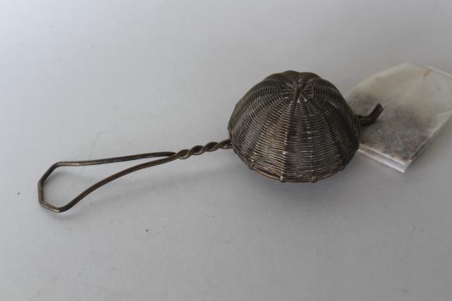 photo of vintage tiny wire tea or coffee strainer, handmade silvered brass wirework sieve #3