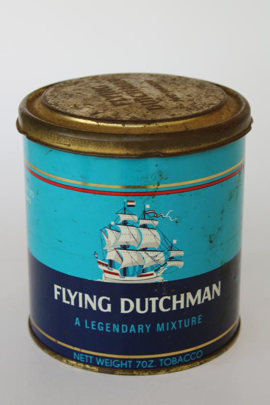 photo of vintage tobacco tin advertising Flying Dutchman tall ship graphics blue & red #1