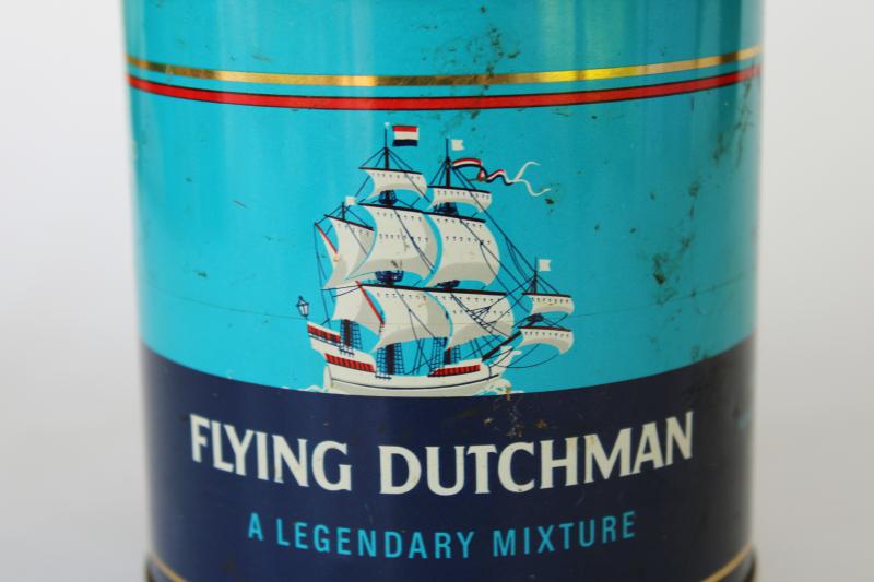 photo of vintage tobacco tin advertising Flying Dutchman tall ship graphics blue & red #2