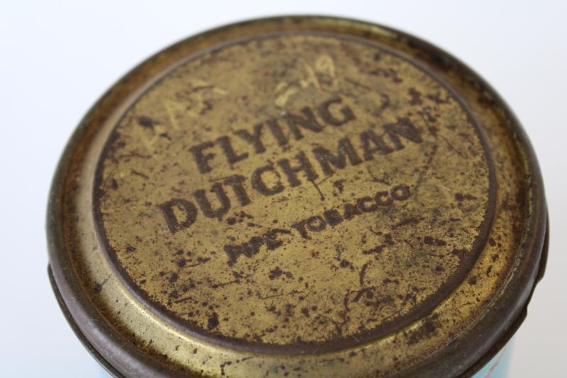 photo of vintage tobacco tin advertising Flying Dutchman tall ship graphics blue & red #3