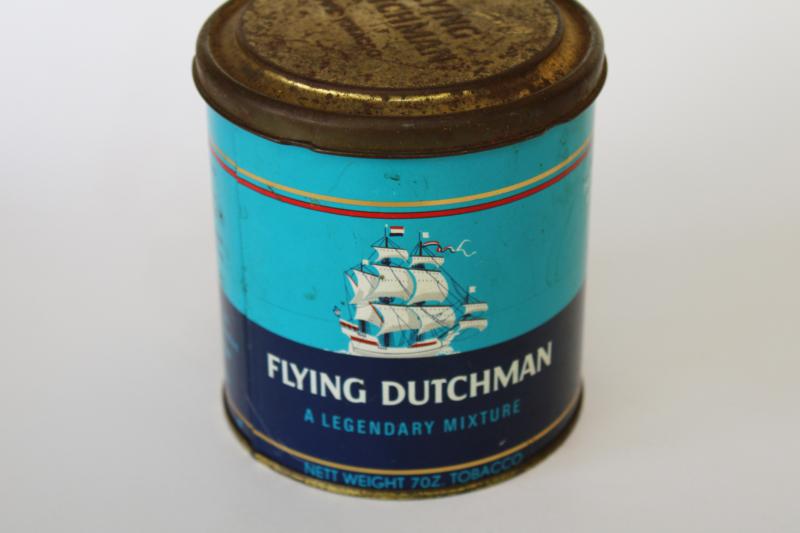 photo of vintage tobacco tin advertising Flying Dutchman tall ship graphics blue & red #5