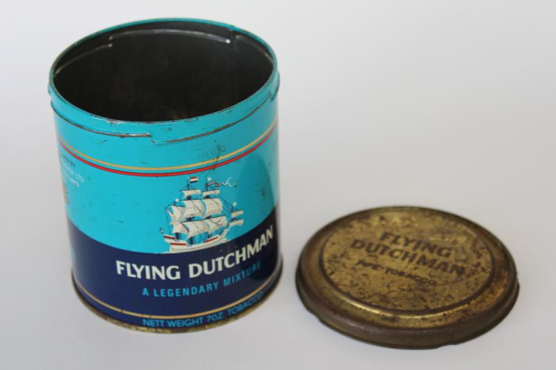 photo of vintage tobacco tin advertising Flying Dutchman tall ship graphics blue & red #9