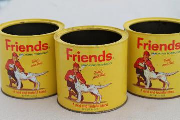 catalog photo of vintage tobacco tins, Friends sporting man w/ hunting dog, rustic cabin style 