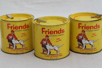 catalog photo of vintage tobacco tins, Friends sporting man w/ hunting dog, rustic cabin style