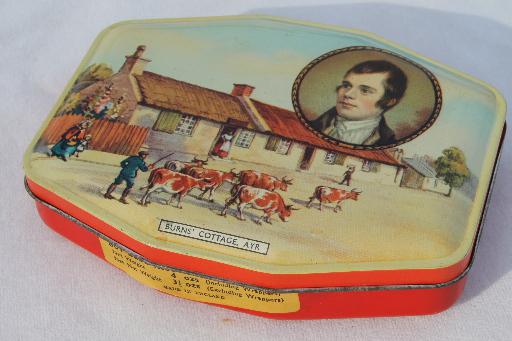 photo of vintage toffee tin w/ scene of Robert Burns cottage, litho print tin from English sweets #1