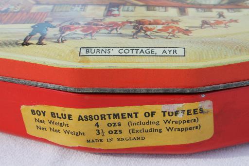 photo of vintage toffee tin w/ scene of Robert Burns cottage, litho print tin from English sweets #7