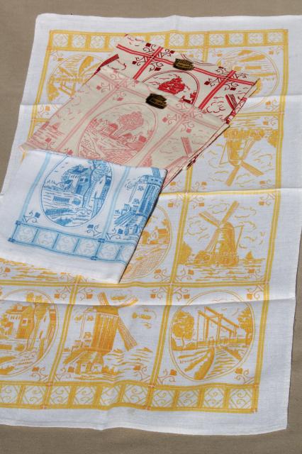 photo of vintage toile print linen tea towel set w/ original labels, delft dutch print kitchen towels #1