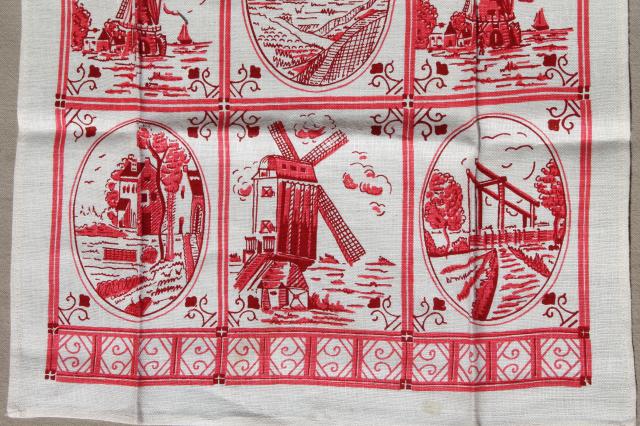 photo of vintage toile print linen tea towel set w/ original labels, delft dutch print kitchen towels #2