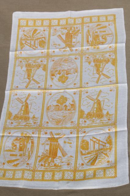 photo of vintage toile print linen tea towel set w/ original labels, delft dutch print kitchen towels #3