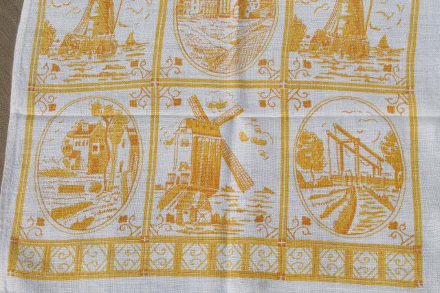 photo of vintage toile print linen tea towel set w/ original labels, delft dutch print kitchen towels #4