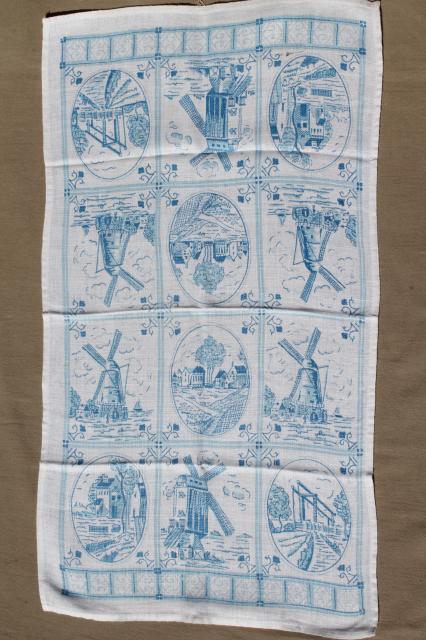 photo of vintage toile print linen tea towel set w/ original labels, delft dutch print kitchen towels #5