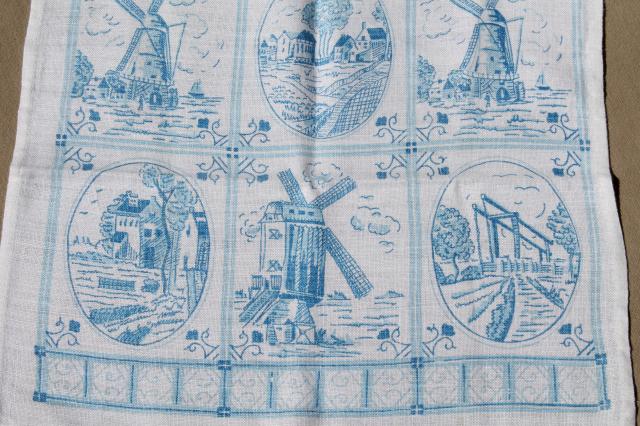 photo of vintage toile print linen tea towel set w/ original labels, delft dutch print kitchen towels #6