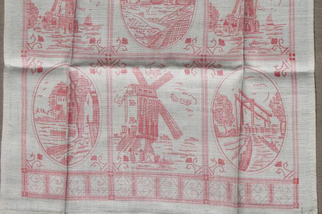 photo of vintage toile print linen tea towel set w/ original labels, delft dutch print kitchen towels #9