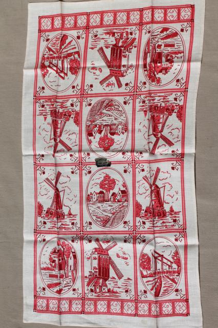 photo of vintage toile print linen tea towel set w/ original labels, delft dutch print kitchen towels #10