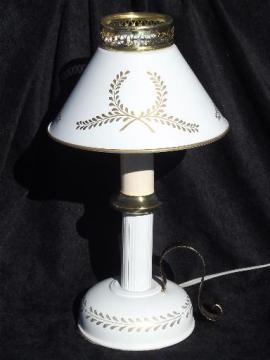 catalog photo of vintage tole candlestick lamp w/ metal shade, cottage white and gold