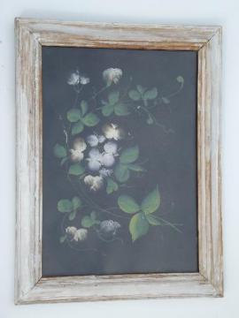 catalog photo of vintage tole floral painted tin picture, shabby old white paint wood frame