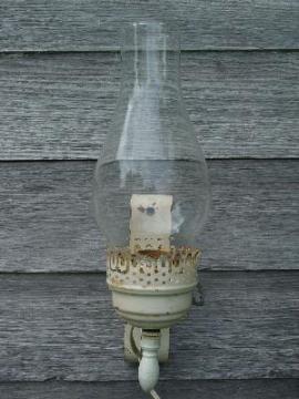 catalog photo of vintage tole lamp sconce, shabby white paint