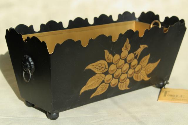 photo of vintage tole metal flower planter box, painted black w/ gold original Georgian label #1