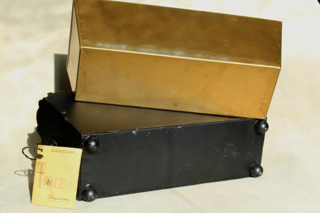 photo of vintage tole metal flower planter box, painted black w/ gold original Georgian label #2