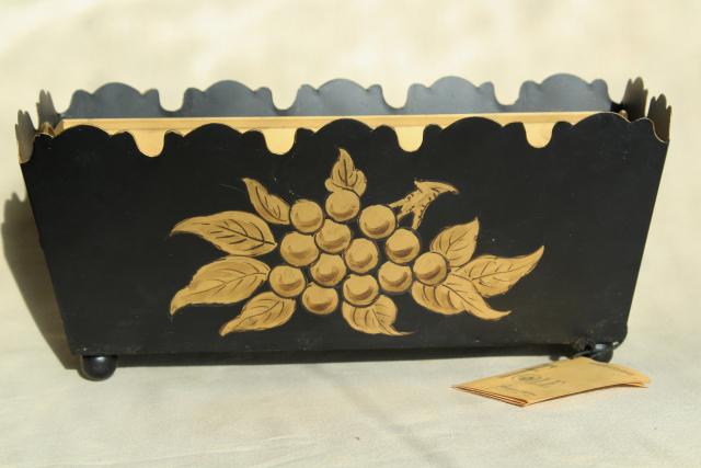 photo of vintage tole metal flower planter box, painted black w/ gold original Georgian label #6