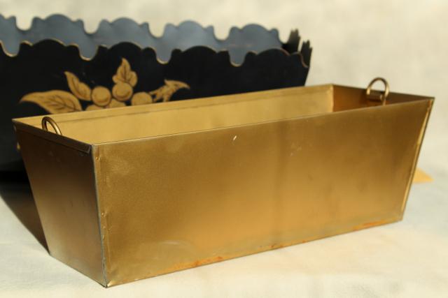 photo of vintage tole metal flower planter box, painted black w/ gold original Georgian label #11