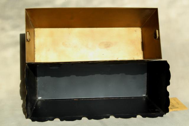 photo of vintage tole metal flower planter box, painted black w/ gold original Georgian label #13