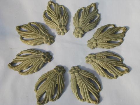 photo of vintage tole metal ornate feather curtain drapery tie-backs, original paint #1