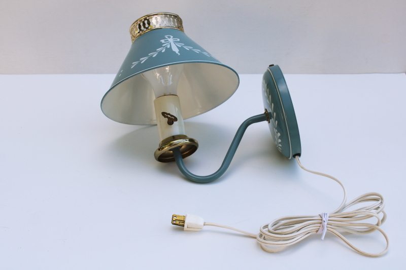 photo of vintage tole metal shade wall hanging lamp, pin up lamp reading light, french blue w/ swags #1