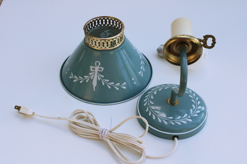 photo of vintage tole metal shade wall hanging lamp, pin up lamp reading light, french blue w/ swags  #3