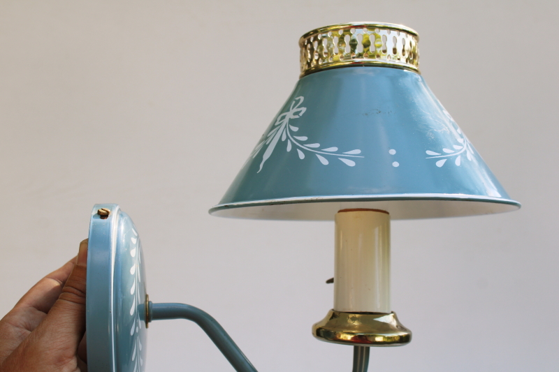 photo of vintage tole metal shade wall hanging lamp, pin up lamp reading light, french blue w/ swags  #4