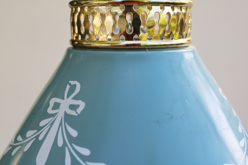 photo of vintage tole metal shade wall hanging lamp, pin up lamp reading light, french blue w/ swags  #5