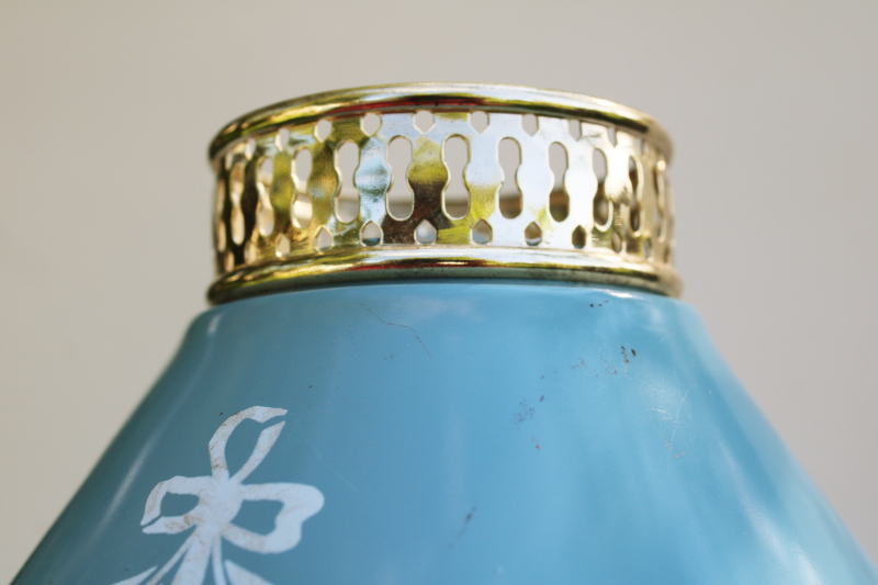 photo of vintage tole metal shade wall hanging lamp, pin up lamp reading light, french blue w/ swags  #6