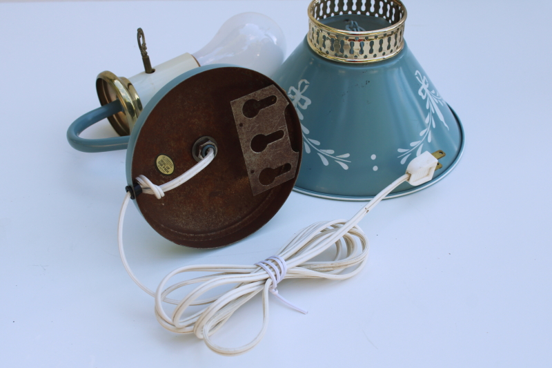 photo of vintage tole metal shade wall hanging lamp, pin up lamp reading light, french blue w/ swags  #7