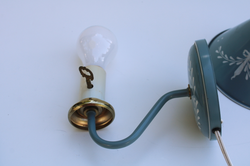 photo of vintage tole metal shade wall hanging lamp, pin up lamp reading light, french blue w/ swags  #9