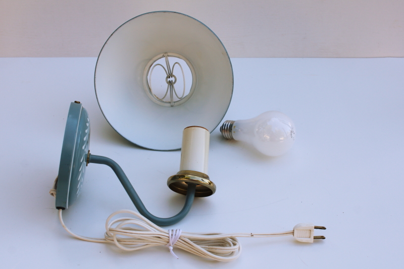 photo of vintage tole metal shade wall hanging lamp, pin up lamp reading light, french blue w/ swags  #10