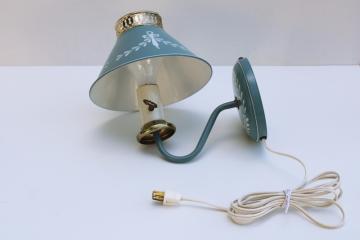 vintage tole metal shade wall hanging lamp, pin up lamp reading light, french blue w/ swags 