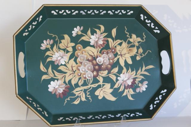 photo of vintage tole metal tray, Pilgrim Art tray hand painted gold & ivory on pine green #1