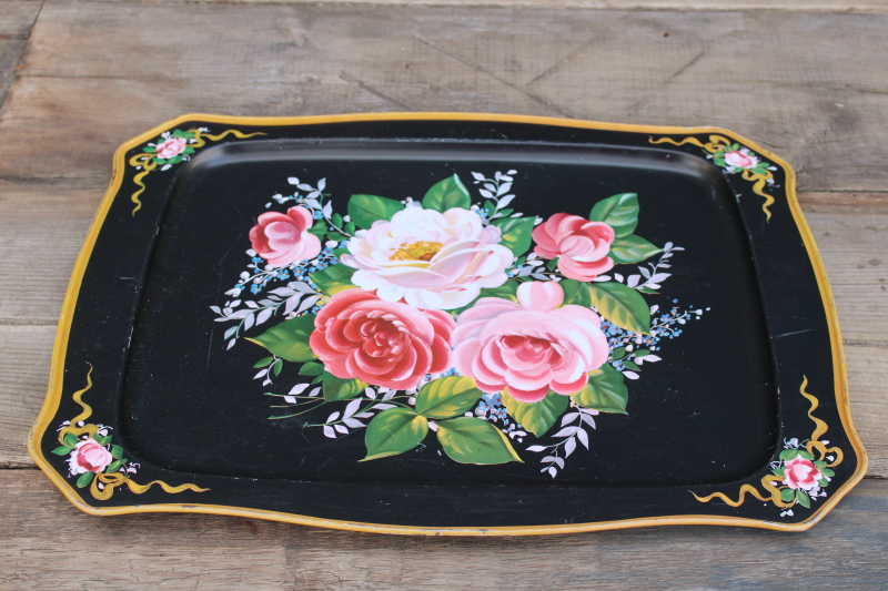 photo of vintage tole metal tray painted floral pink roses on black, romantic cottage decor  #1