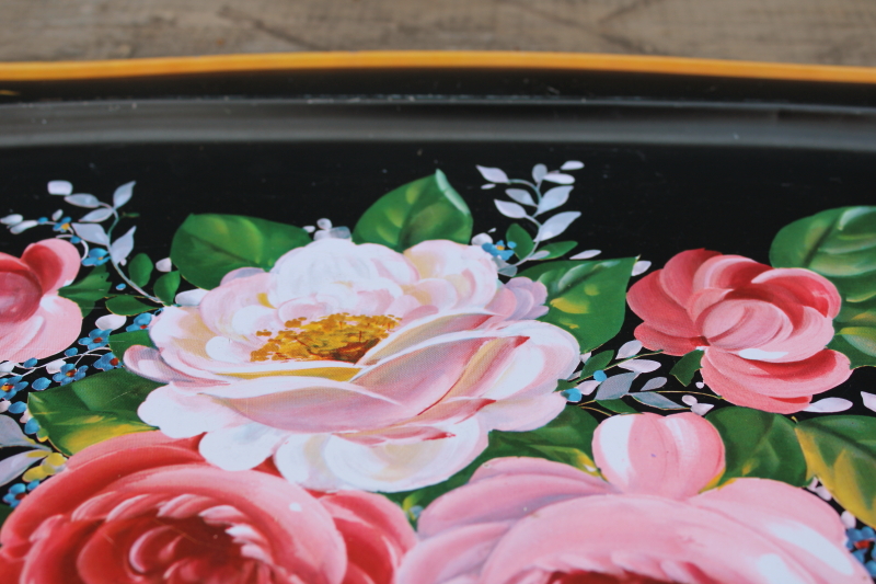 photo of vintage tole metal tray painted floral pink roses on black, romantic cottage decor  #2