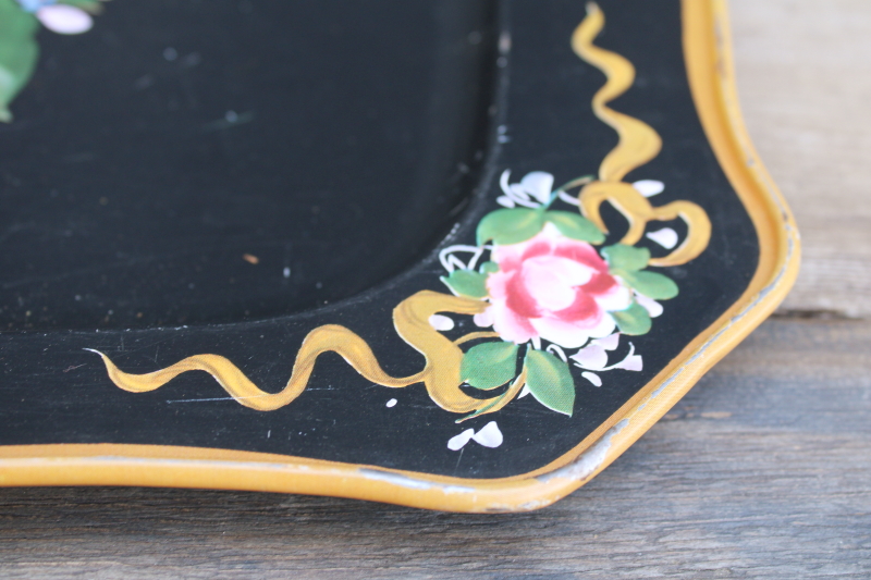 photo of vintage tole metal tray painted floral pink roses on black, romantic cottage decor  #3