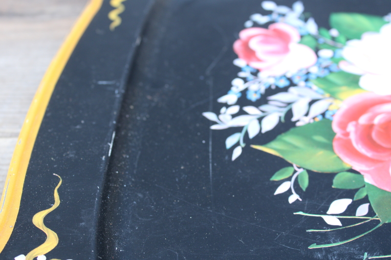 photo of vintage tole metal tray painted floral pink roses on black, romantic cottage decor  #4