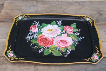 catalog photo of vintage tole metal tray painted floral pink roses on black, romantic cottage decor 