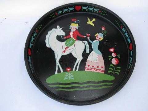 photo of vintage tole metal tray, painted folk art design, old Pennsylvania Dutch style #1