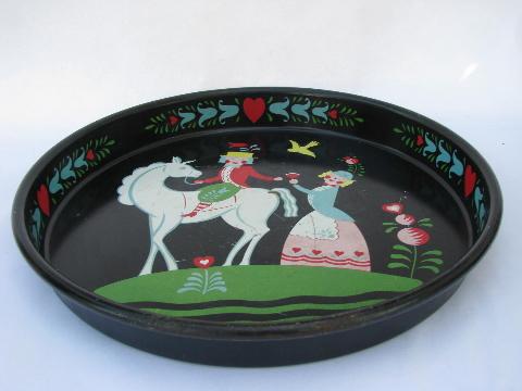 photo of vintage tole metal tray, painted folk art design, old Pennsylvania Dutch style #2