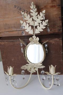 catalog photo of vintage tole metal wall sconce candle holder w/ framed mirror, glass teardrop prisms