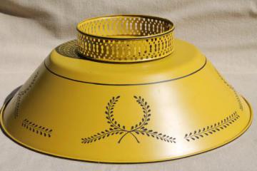 catalog photo of vintage tole shade, mustard gold painted metal lampshade for student table lamp