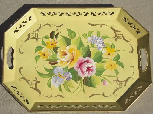 photo of vintage tole tray, flowers on gold hand-painted Pilgrim Art metal tray #1