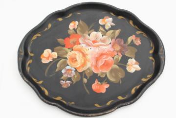 catalog photo of vintage tole tray, hand painted flowers coral pink on black, antique toleware serving tray